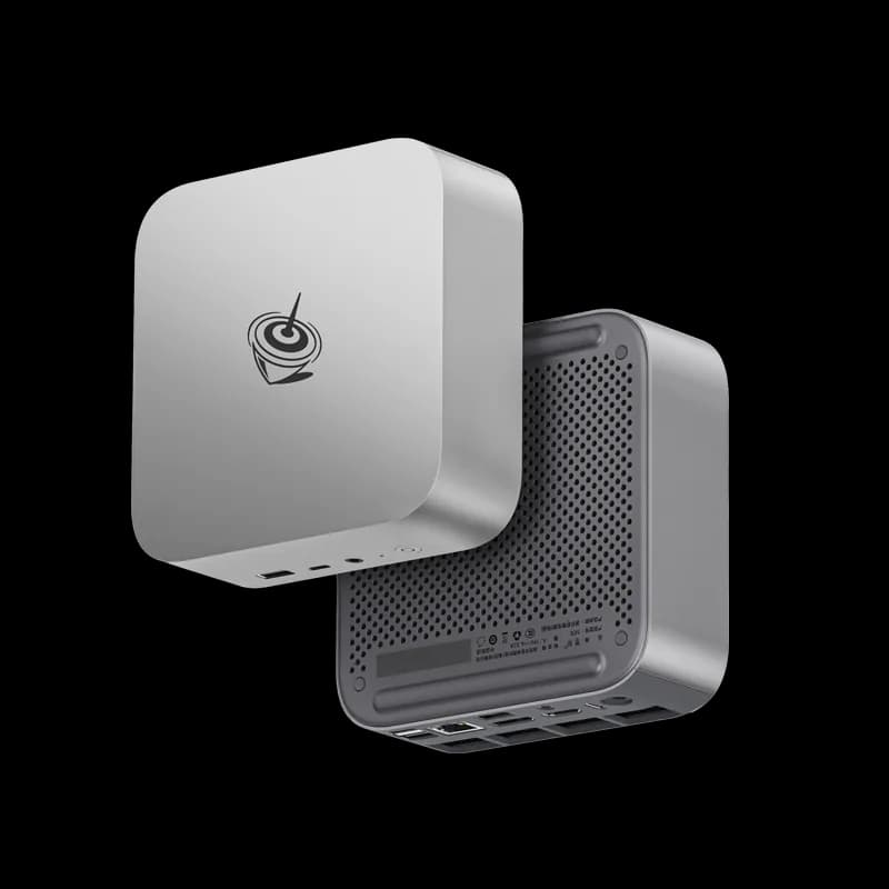Beelink SER8 - Front view showing integrated power button, USB-C, USB-A, and 3.5mm jack in silver finish