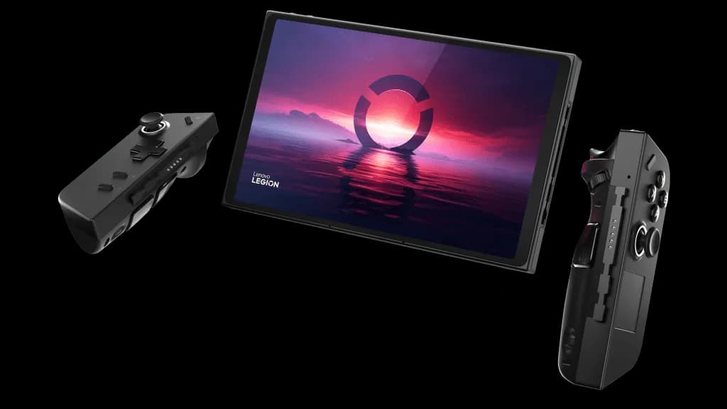 Lenovo Legion Go - Tabletop mode with kickstand extended and TrueStrike wireless controllers detached