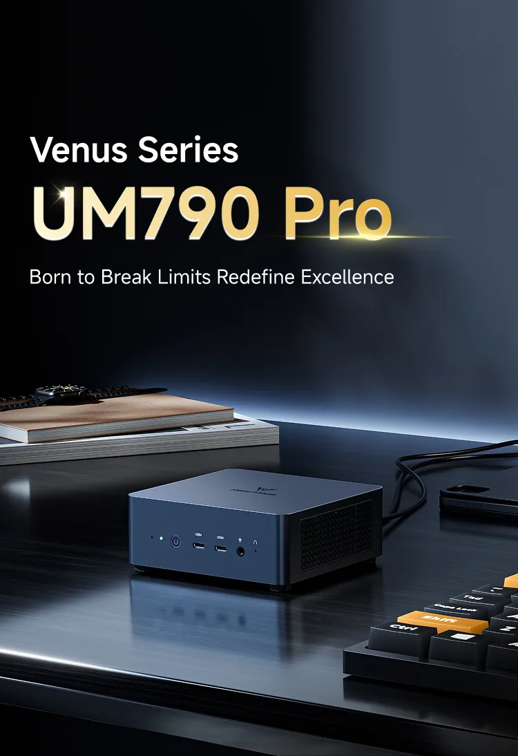 Minisforum UM790 Pro - Ultra-compact 0.85L metal chassis in clean desktop workstation layout