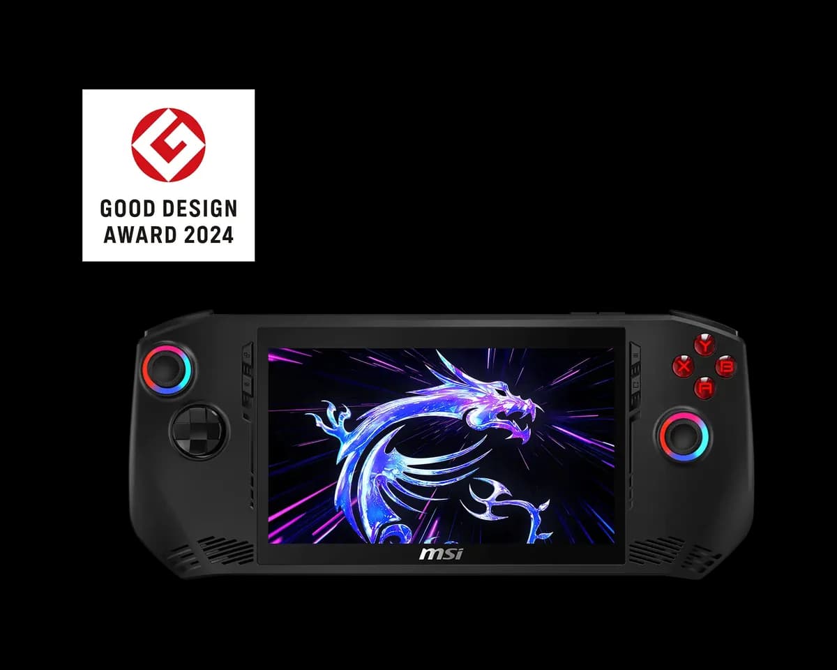 MSI Claw 8 AI+ - Angled perspective highlighting textured ergonomic palm grips and Hall Effect sticks