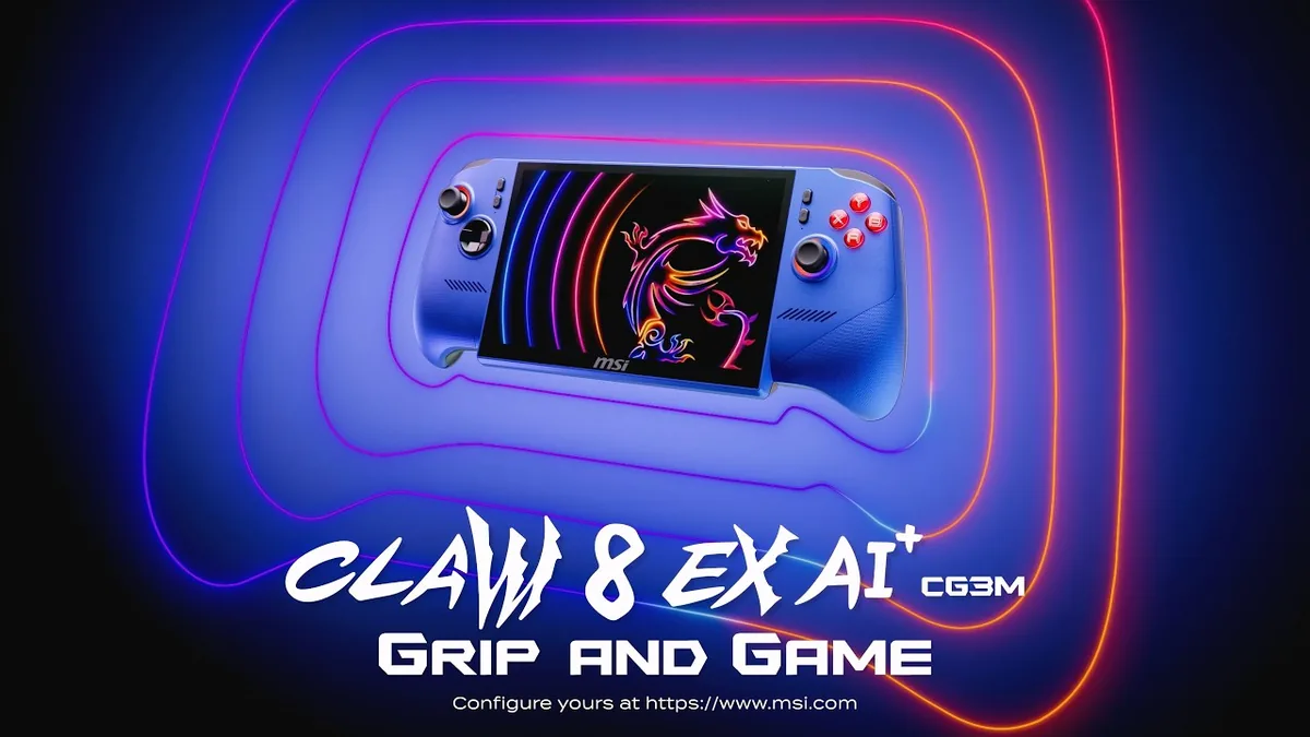 MSI Claw 8 AI+ - Official MSI Gaming launch showcase showing handheld profile and RGB lighting