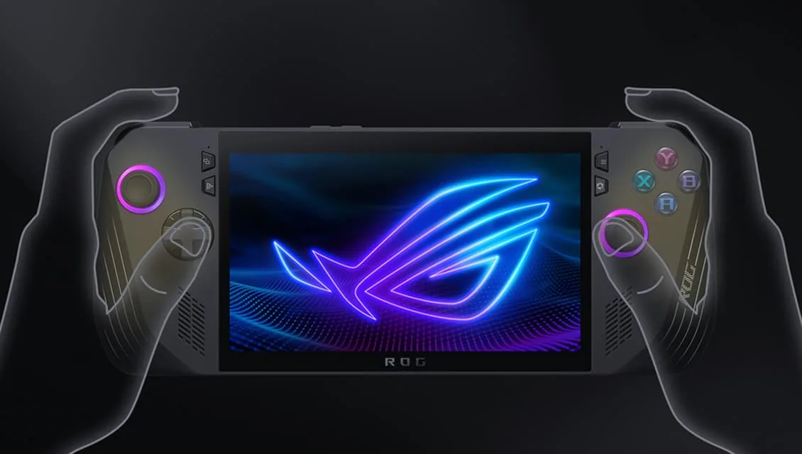 ASUS ROG Ally X - Rear and grip profile showing ergonomic contoured palm rests