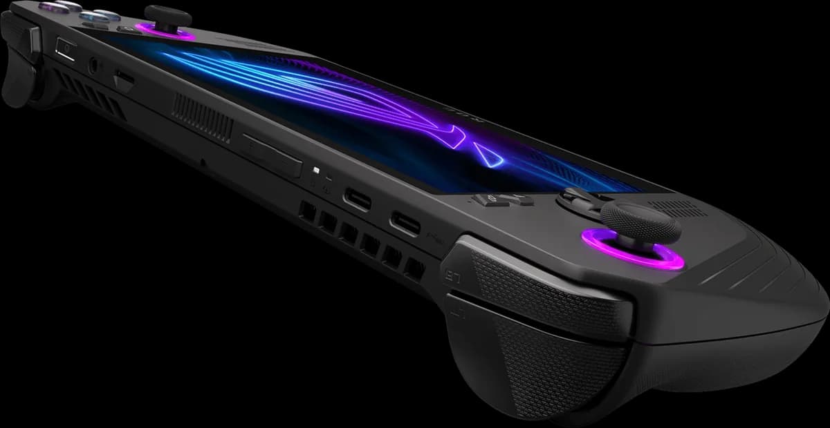 ASUS ROG Ally X - Top view highlighting USB4 Thunderbolt-compatible port, USB-C 3.2, volume, and microSD slot