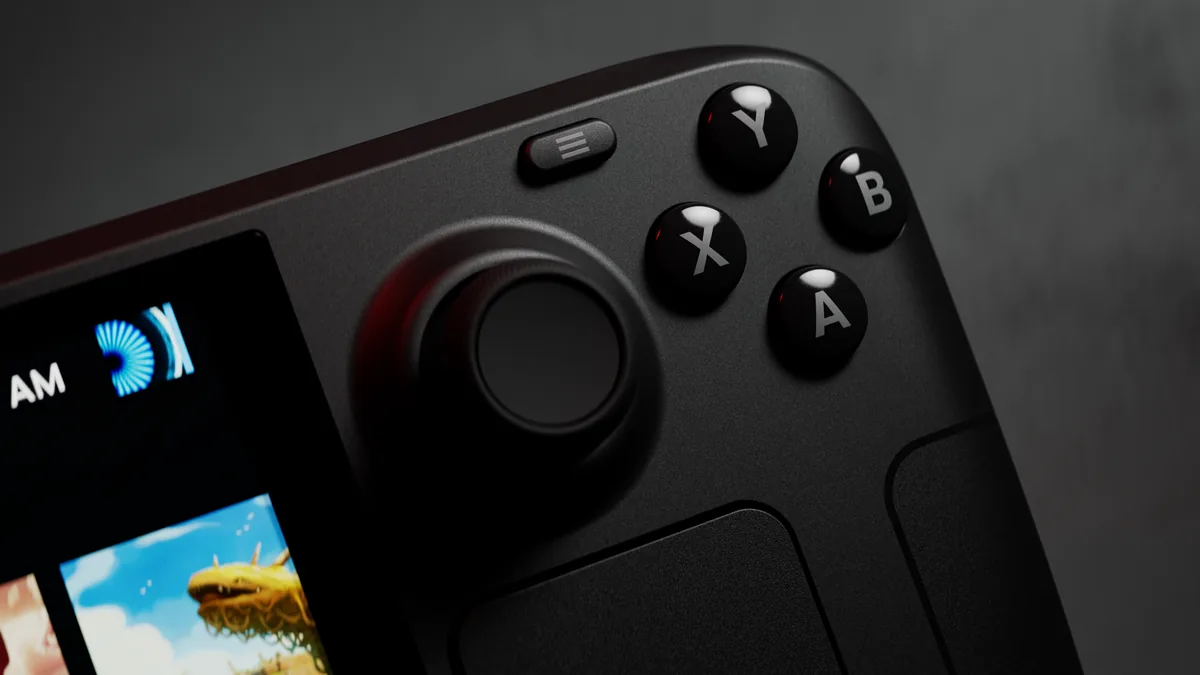 Valve Steam Deck OLED - Detail view of right capacitive thumbstick, ABXY buttons, and haptic trackpad