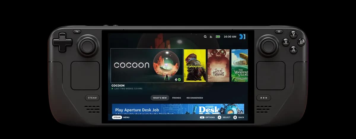 Valve Steam Deck OLED - Front view showing 7.4-inch 90Hz HDR OLED display and dual trackpads