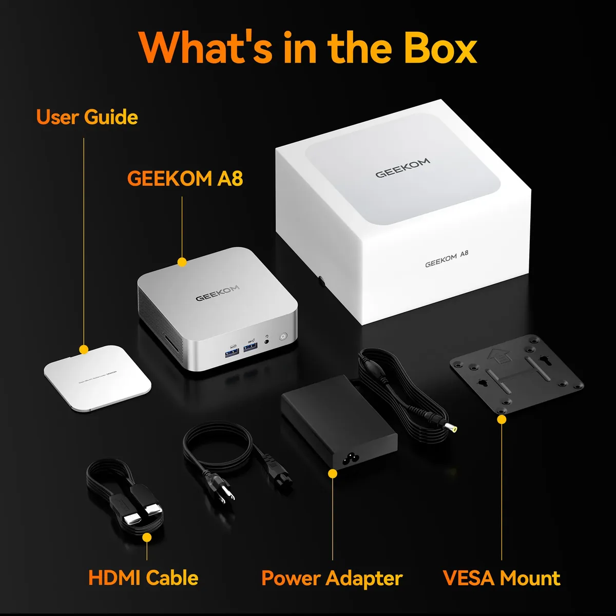 Geekom A8 - Angled 3/4 perspective render displaying sleek metallic rounded chamfered corners