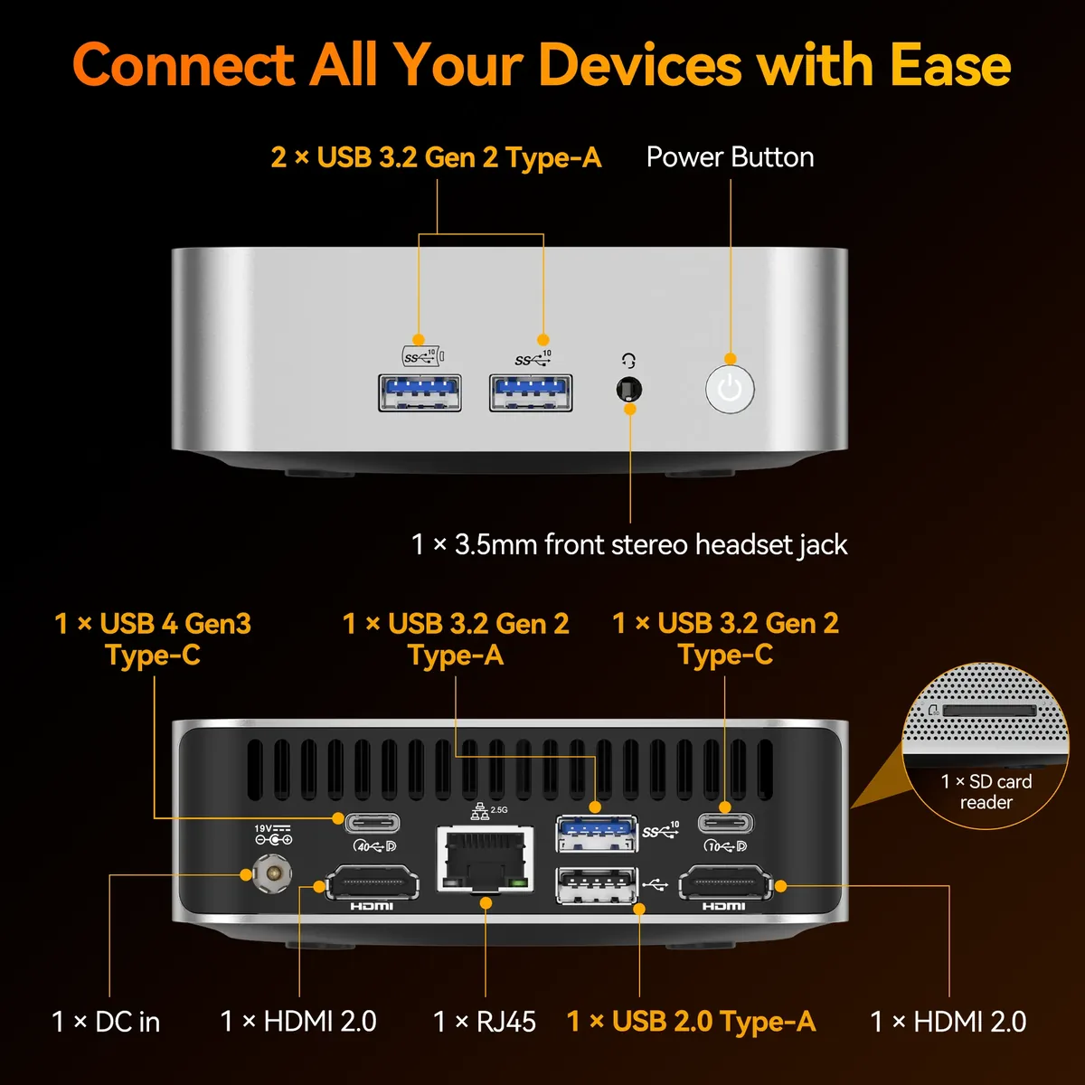 Geekom A8 - Front view showing ultra-compact anodized unibody chassis with front USB 3.2 and audio ports