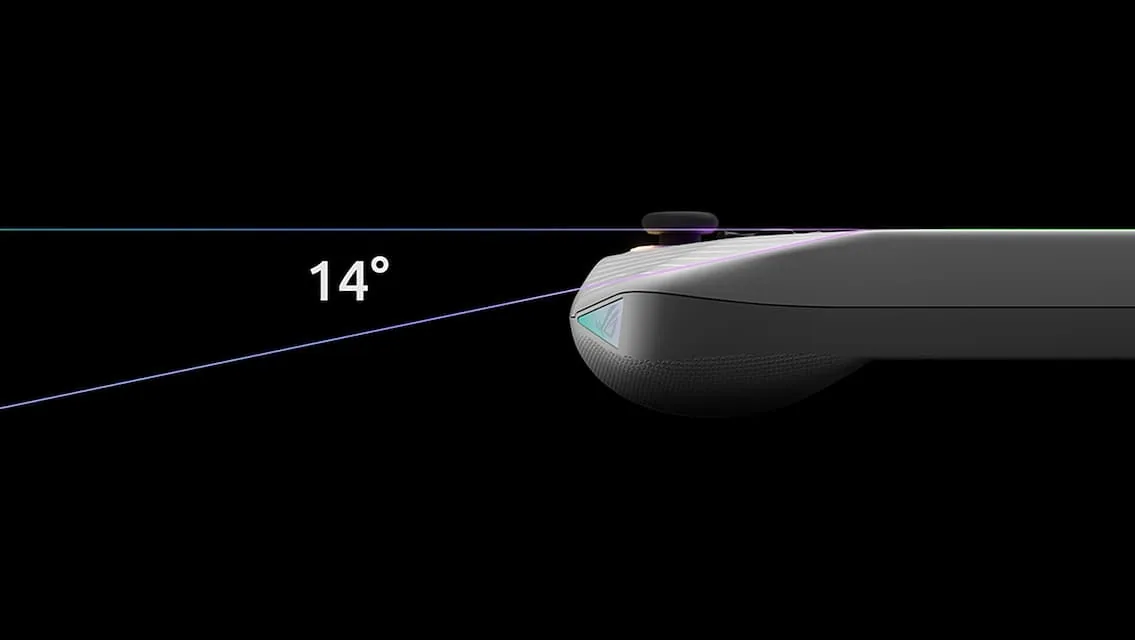 ASUS ROG Ally (2023) - Angled view showcasing RGB-lit analog thumbsticks and Xbox-style layout