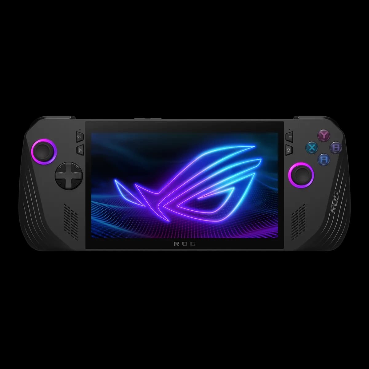 ASUS ROG Ally X - Front view showing 7-inch 120Hz VRR display in upgraded black chassis