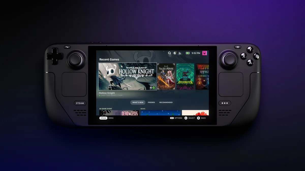Valve Steam Deck LCD - Angled perspective render showing full handheld form factor