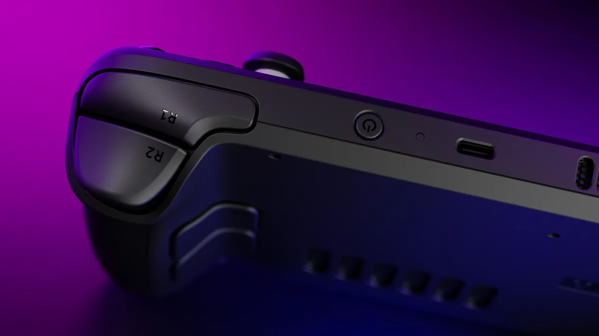 Valve Steam Deck LCD - Rear view displaying ergonomic contoured grips and 4 assignable grip buttons
