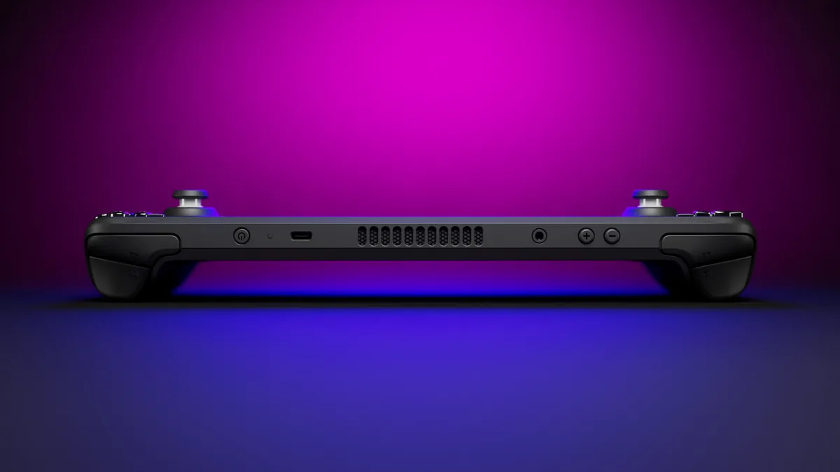 Valve Steam Deck LCD - Top view showing USB-C port, power button, volume control, and cooling exhaust